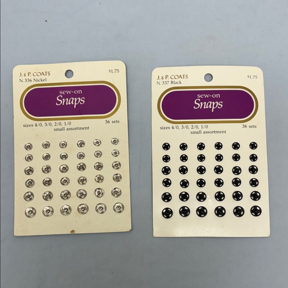 Lot 2 J P Coats Sew on Snaps 36 Sets Small Assortment 4/0 3/0 2/0 1/0 # 336 337